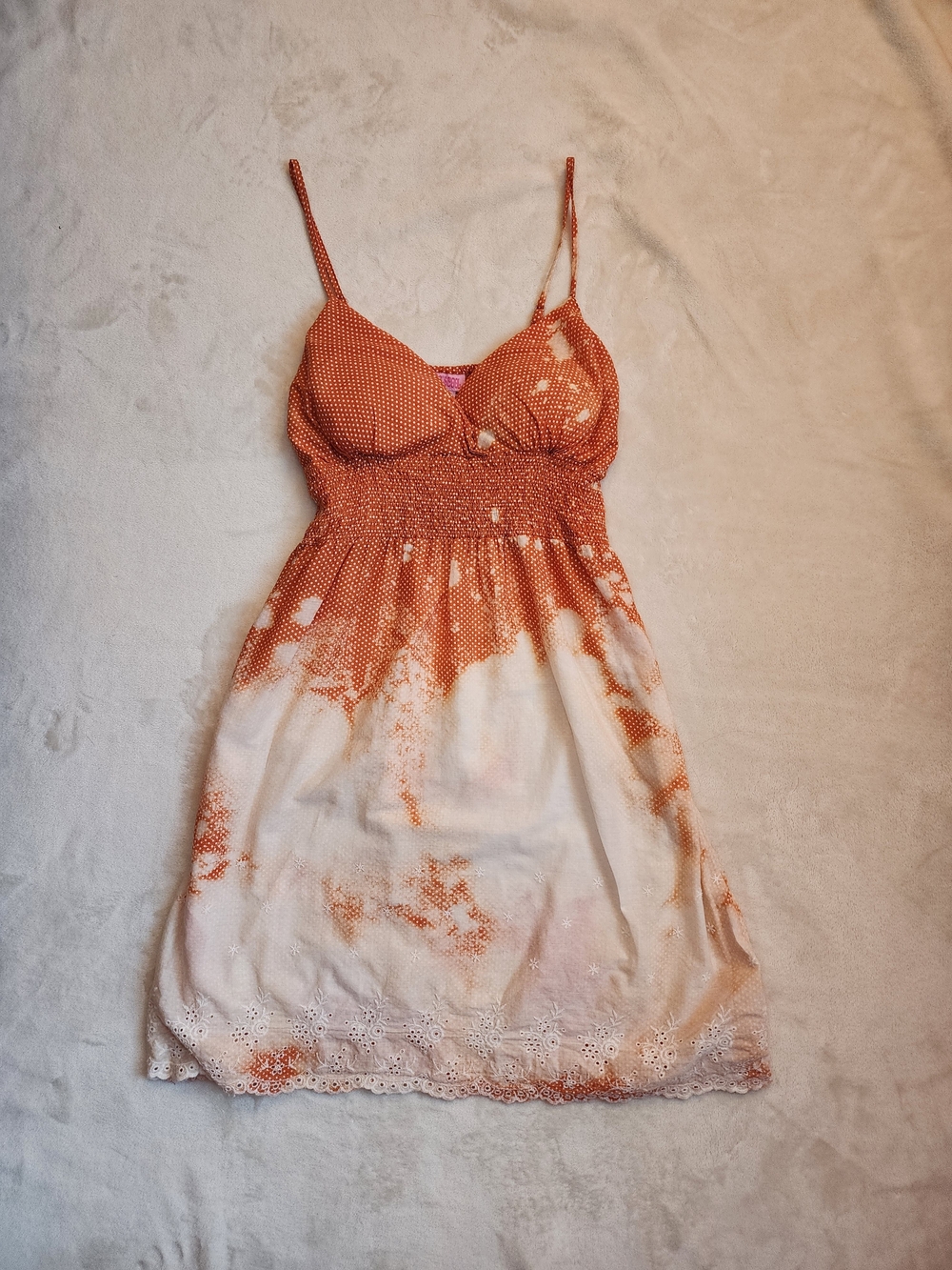 Cotton Orange And White Tie-Dye Polka Dot Summer Dress Women's Medium